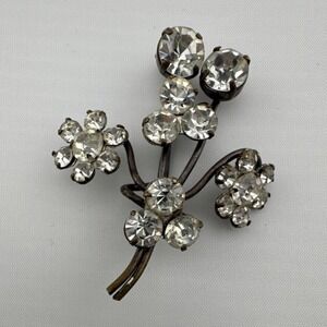 Vintage Flower Brooch Pin Clear Rhinestone Brass Prong Setting 2"